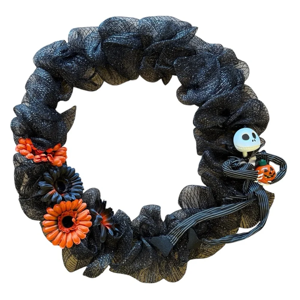 Halloween Black Mesh Wreath with Jack Skellington Figurine & Orange Flowers – 22